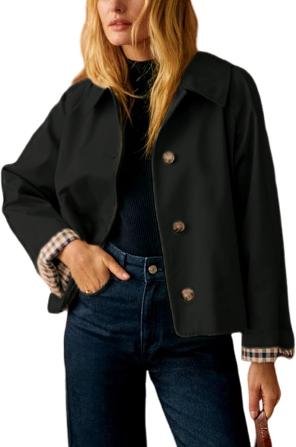 Natalie Women's Cropped Trench Jacket – Oversized Fit, Lapel Collar & Plaid Lining