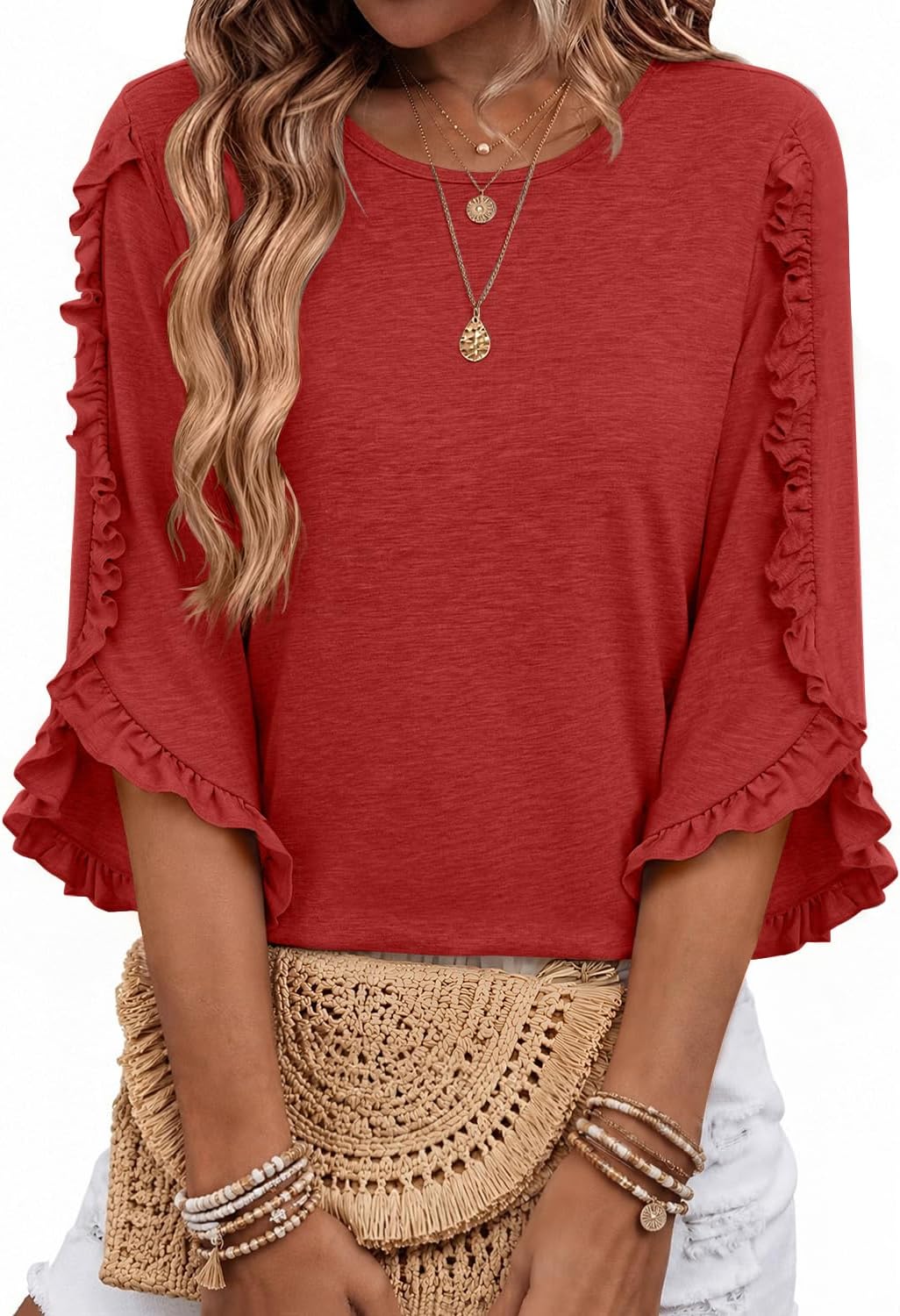 Eliana Women's Ruffle Trim Top – Crew Neck, 3/4 Sleeves & Relaxed Fit