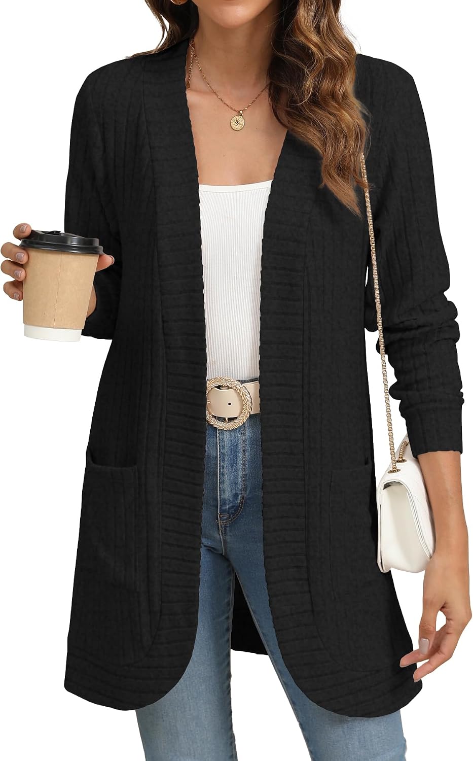 Erica Women's Ribbed Open-Front Cardigan – Long Sleeves, Loose Fit & Side Pockets