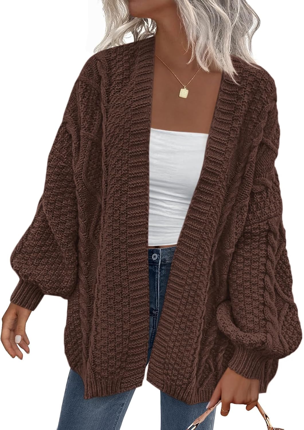Penelope Women's Cable Knit Cardigan – Lantern Sleeves, Drop Shoulders & Oversized Fit