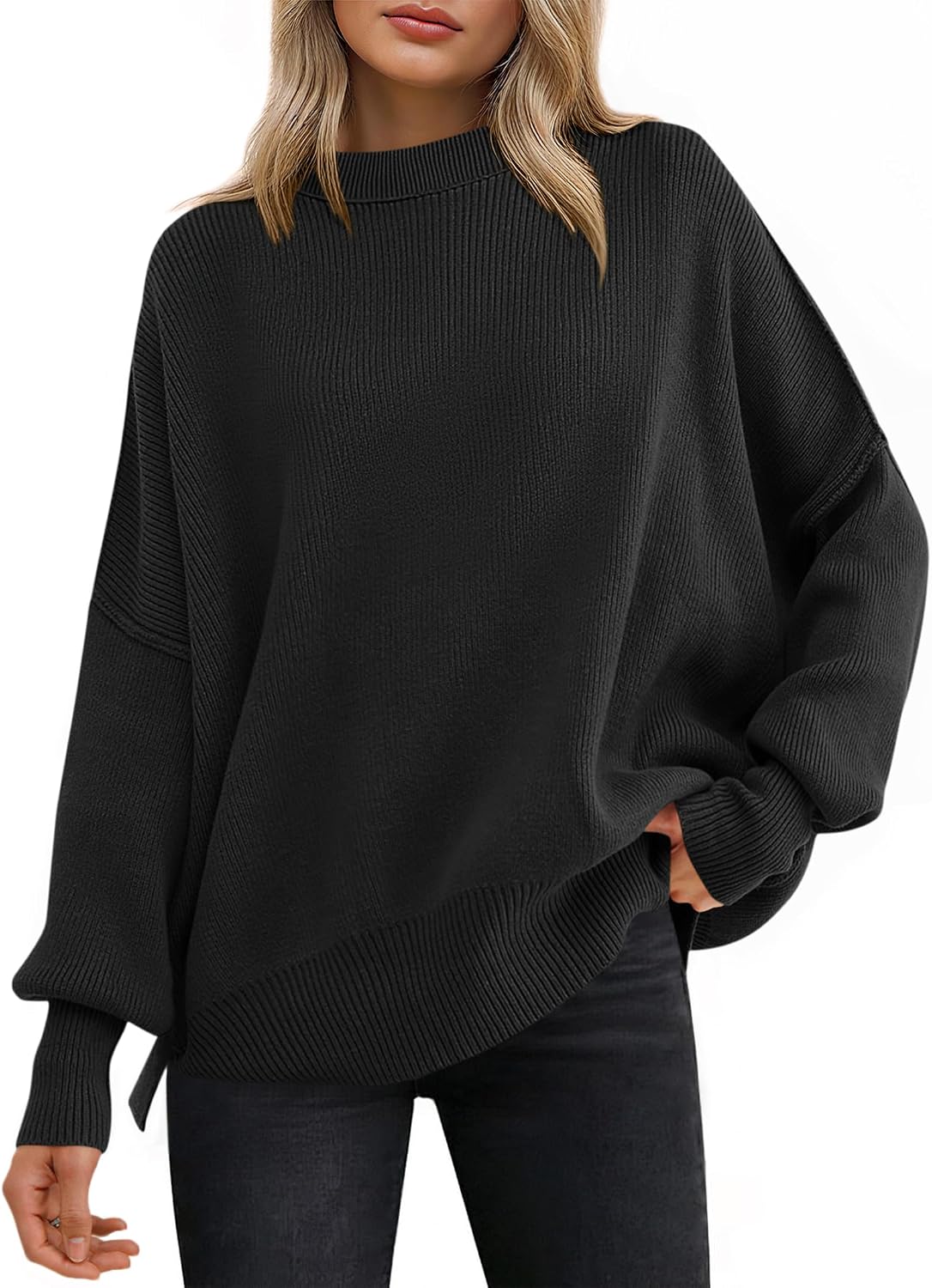 Harper Women's Ribbed Batwing Sweater – Crew Neck, Side Slits & Relaxed Fit