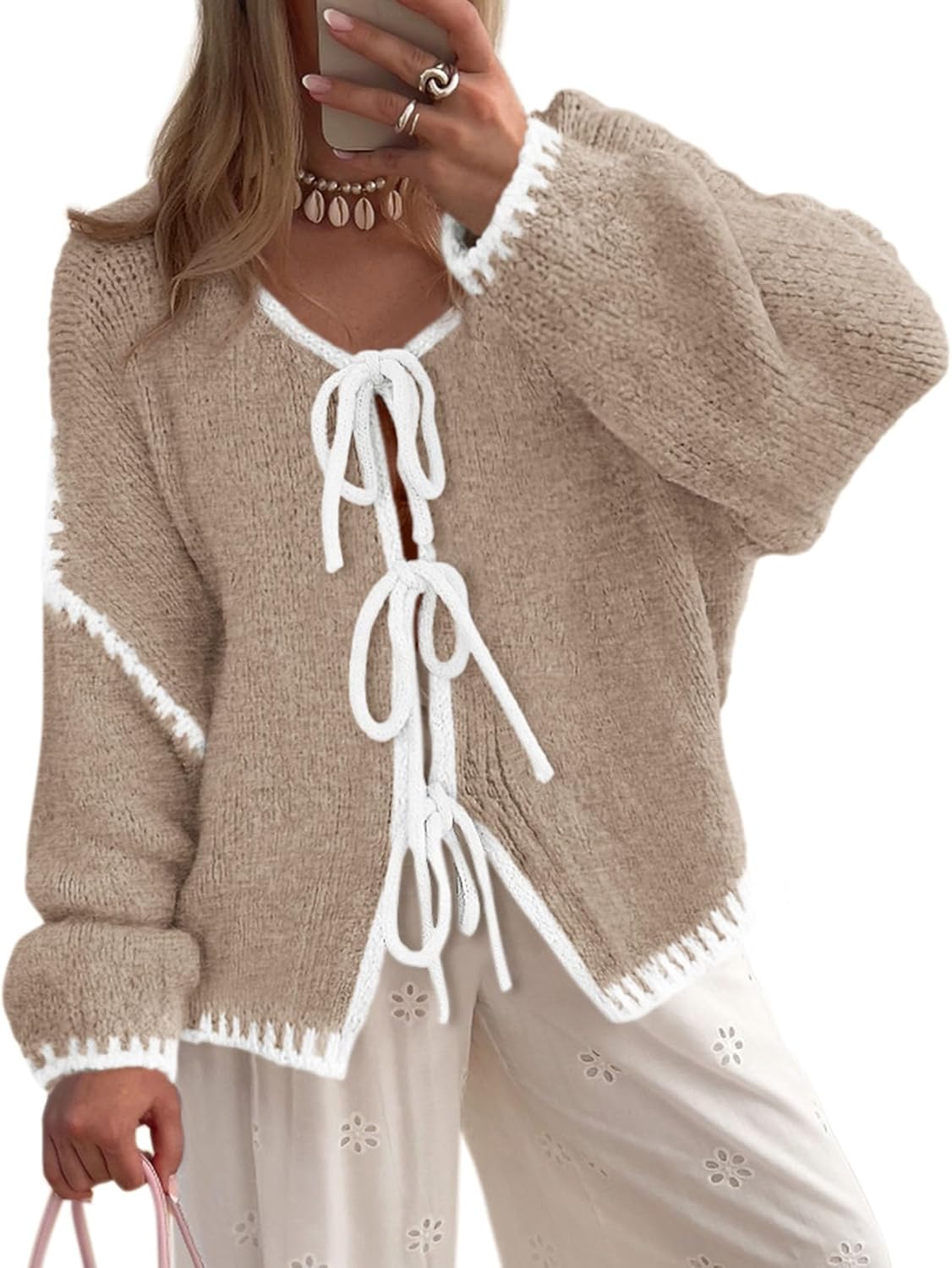 Rosie Women's Cable Knit Cardigan – Tie Front, Puff Sleeves & Oversized Fit