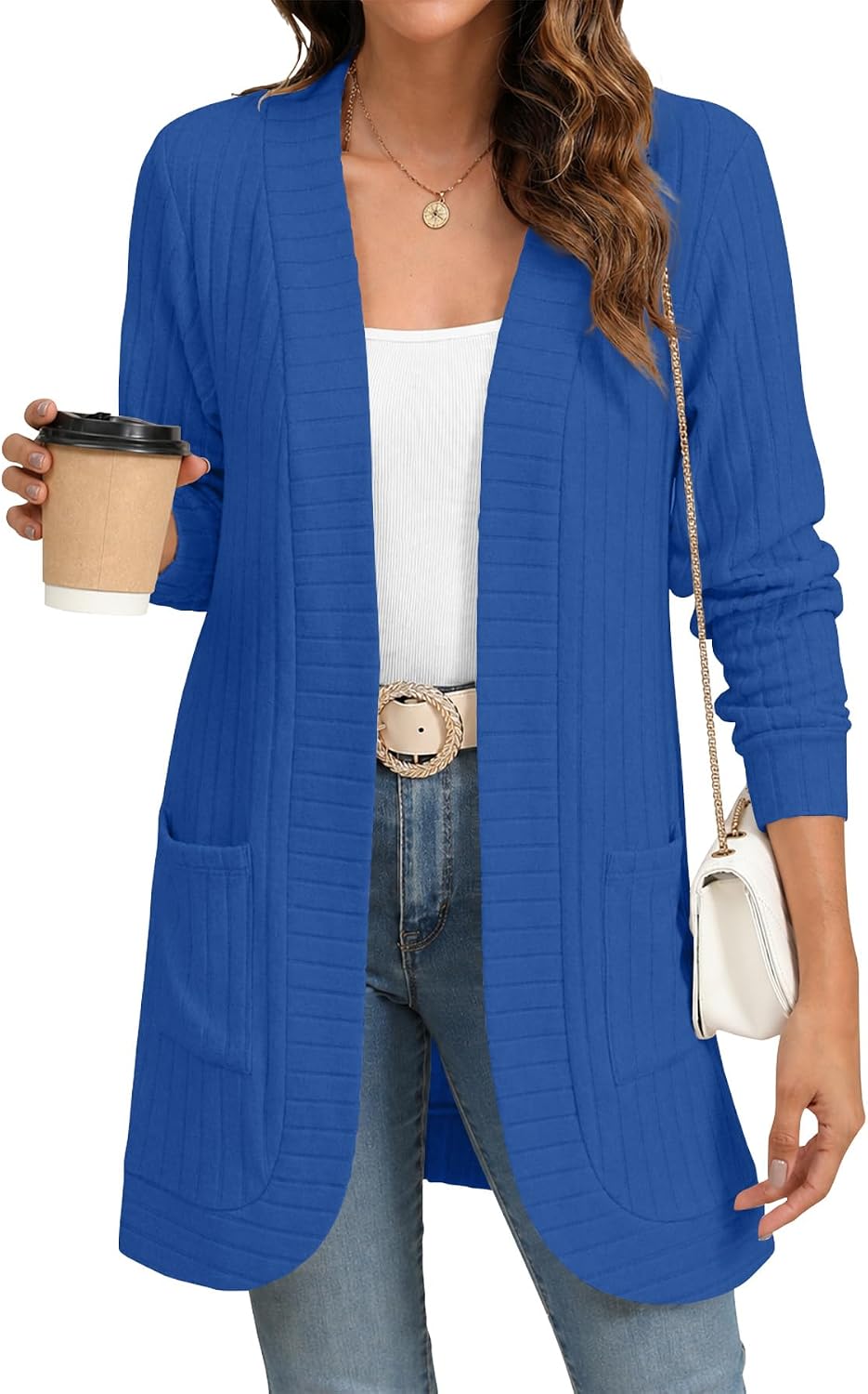 Erica Women's Ribbed Open-Front Cardigan – Long Sleeves, Loose Fit & Side Pockets