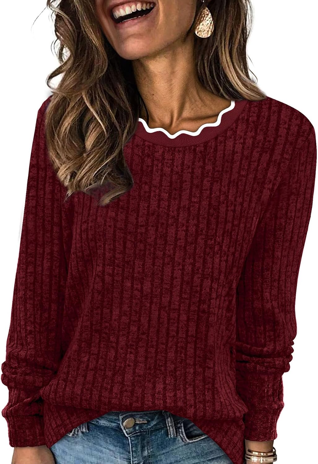 Marissa Women's Scallop Neck Sweater – Long Sleeves, Relaxed Fit & Soft Knit