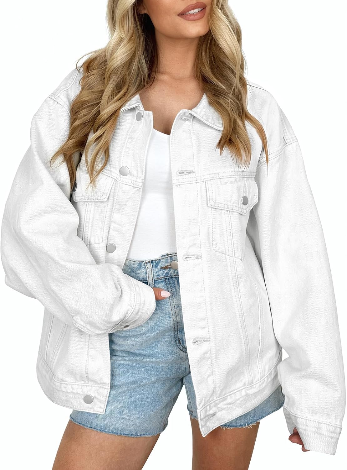 Talia Women's Distressed Denim Jacket – Oversized Fit, Chest Pockets & Drop Shoulders