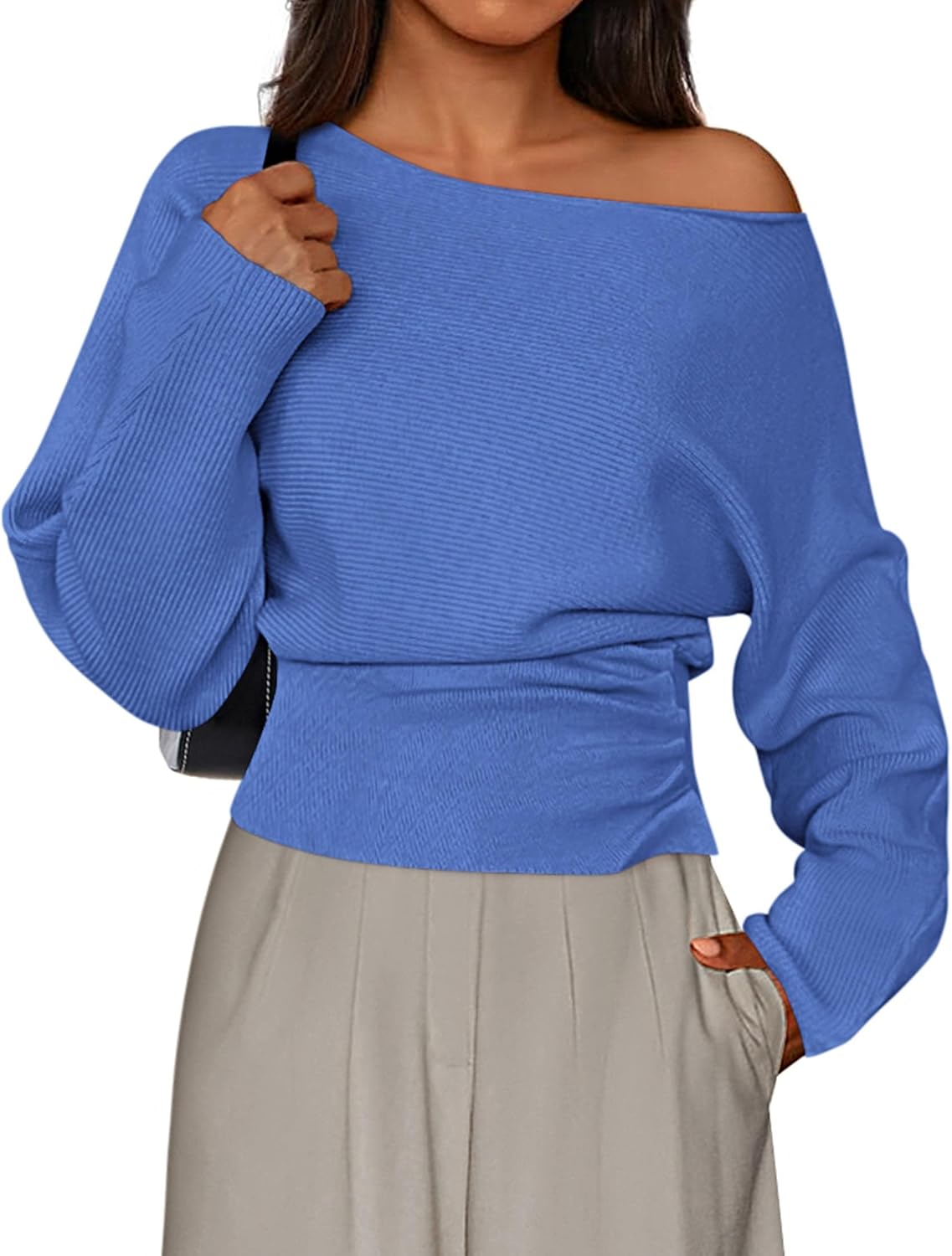 Ivy Women's Off-Shoulder Sweater – Ribbed Knit, Long Sleeves & Fitted Waist