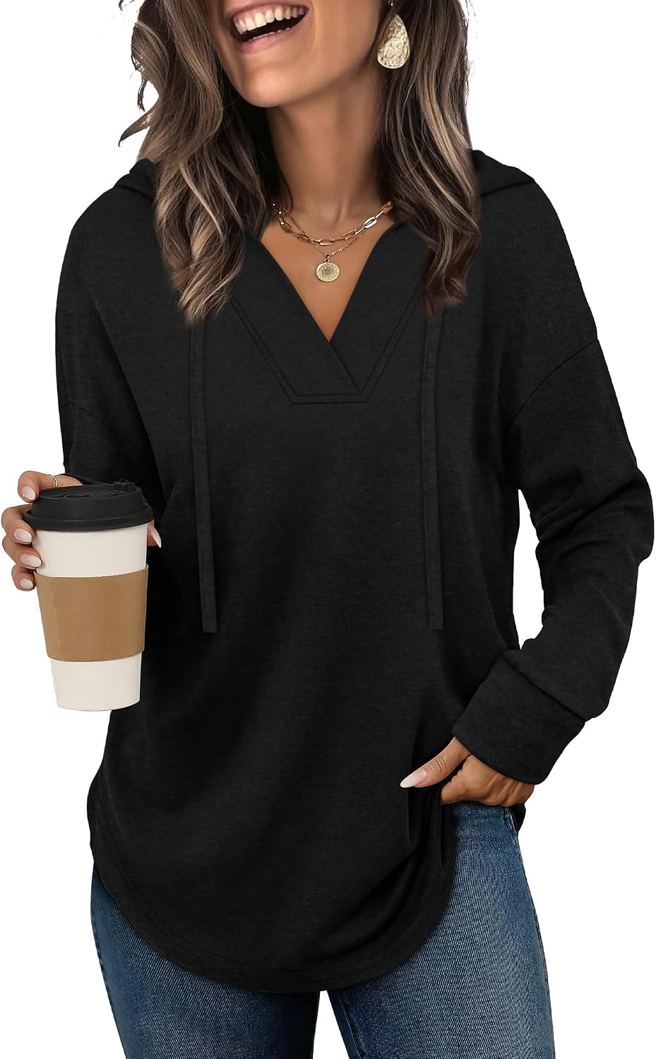 Brielle Women's V-Neck Hoodie – High-Low Hem, Long Sleeves & Relaxed Fit