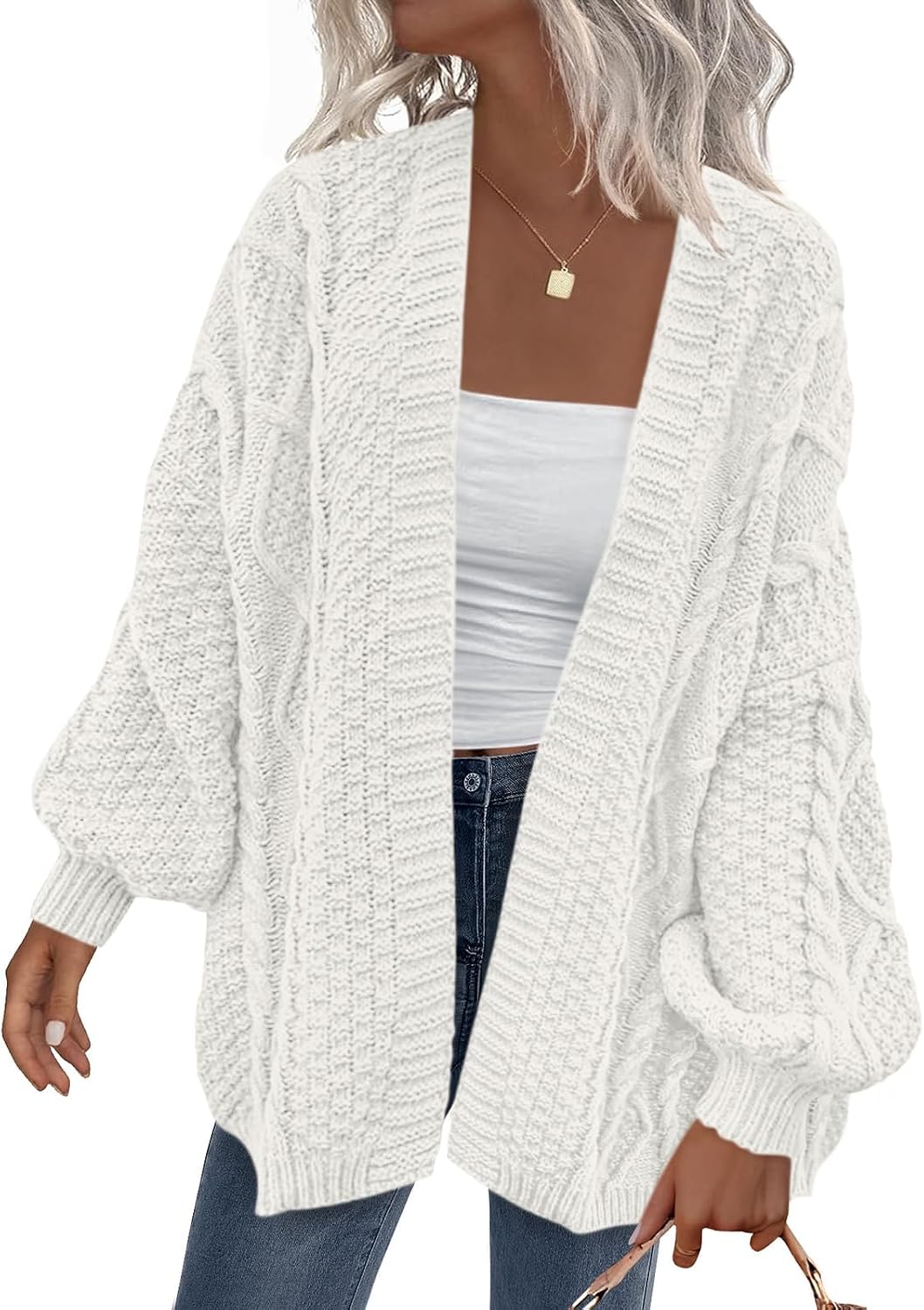 Penelope Women's Cable Knit Cardigan – Lantern Sleeves, Drop Shoulders & Oversized Fit