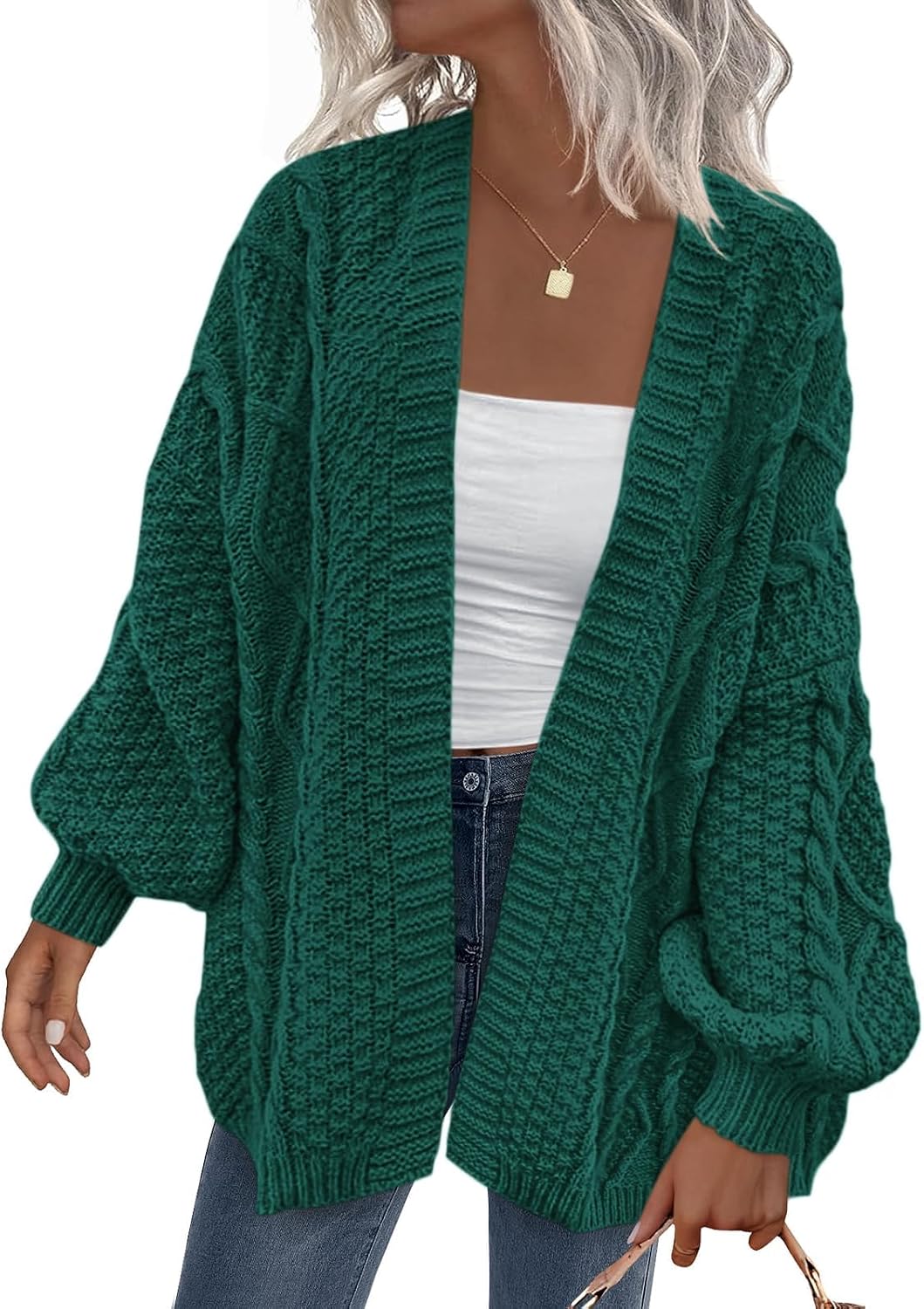 Penelope Women's Cable Knit Cardigan – Lantern Sleeves, Drop Shoulders & Oversized Fit