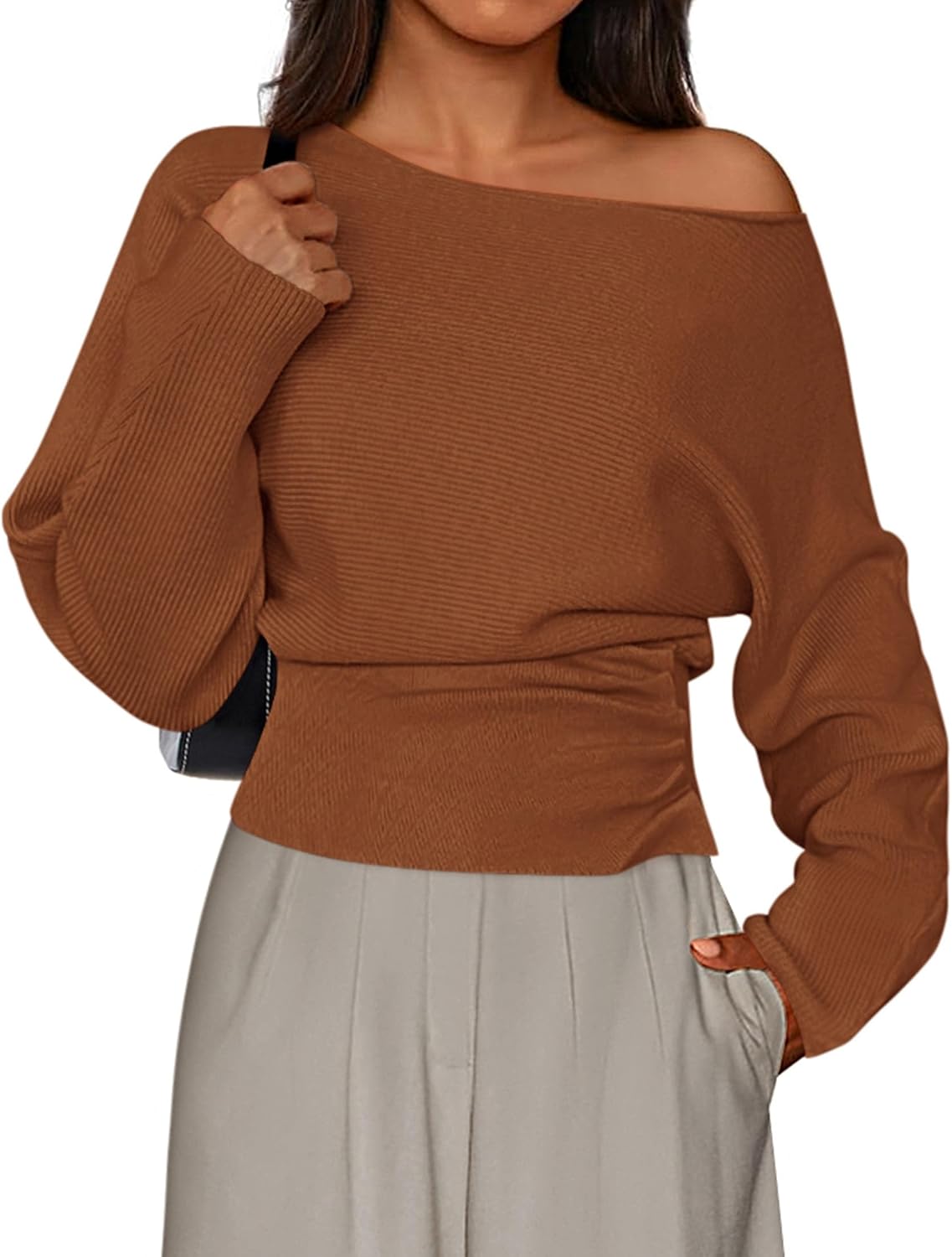 Ivy Women's Off-Shoulder Sweater – Ribbed Knit, Long Sleeves & Fitted Waist