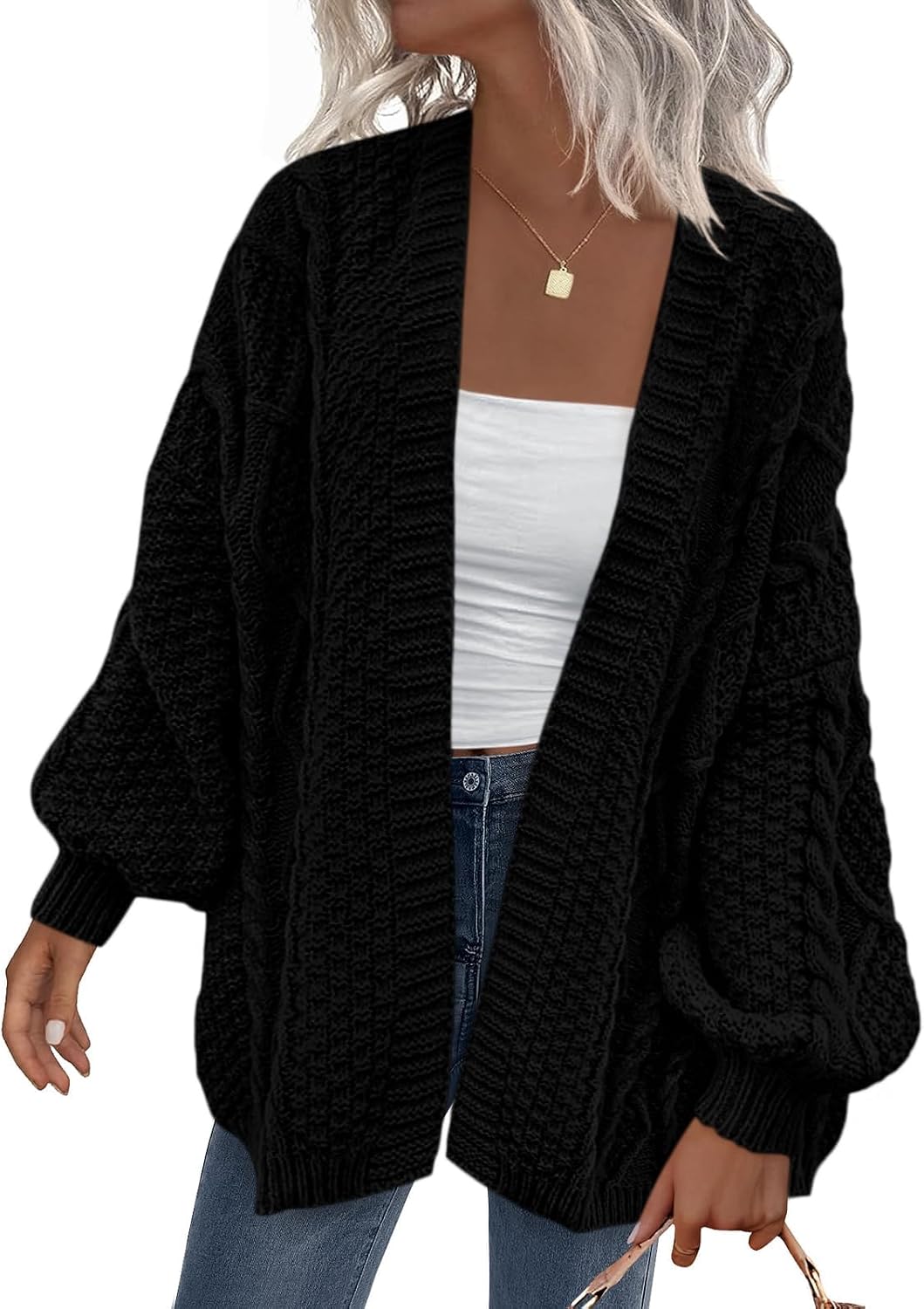Penelope Women's Cable Knit Cardigan – Lantern Sleeves, Drop Shoulders & Oversized Fit