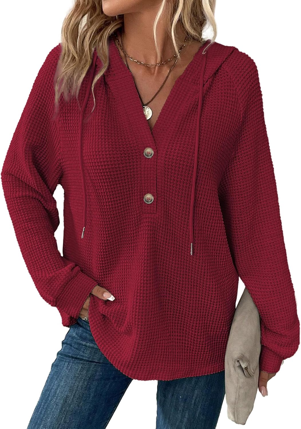 Hannah Women's Waffle Knit Hoodie – V-Neck, Button Front & Oversized Fit