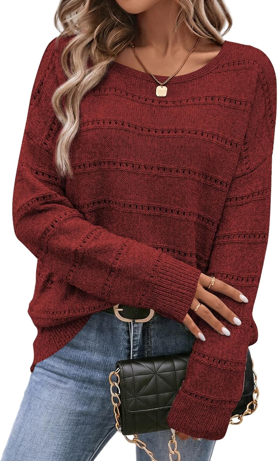 Mila Women's Hollow-Knit Sweater – Crew Neck, Drop Shoulders & Striped Texture