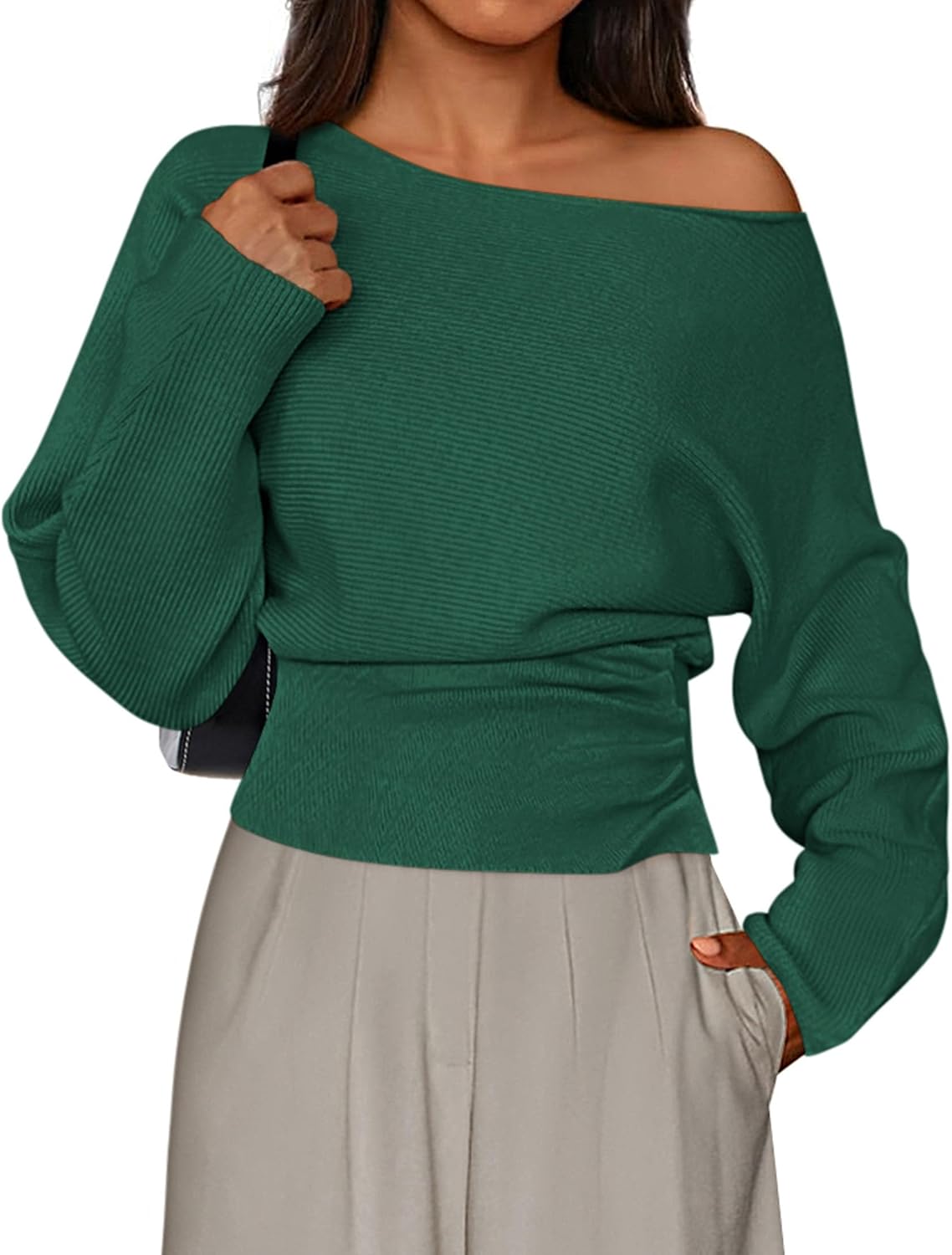 Ivy Women's Off-Shoulder Sweater – Ribbed Knit, Long Sleeves & Fitted Waist