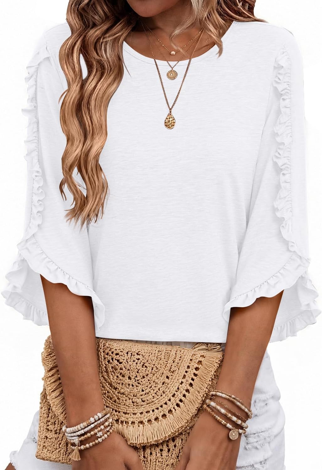Eliana Women's Ruffle Trim Top – Crew Neck, 3/4 Sleeves & Relaxed Fit