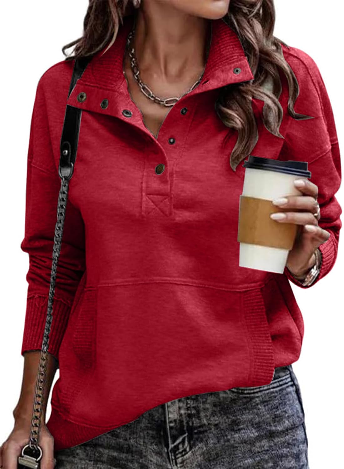 Sienna Women's Henley Sweatshirt – V-Neck, Ribbed Texture & Relaxed Fit