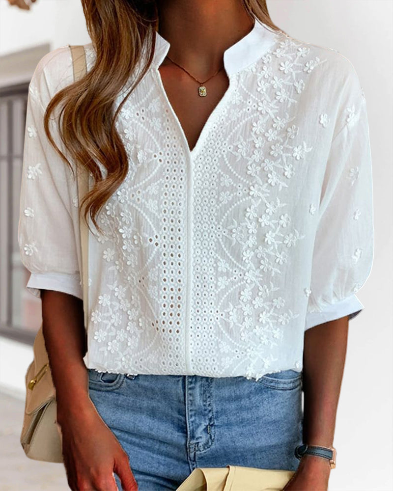 Sophie Women's Blouse – V-Neck Top with Puff Sleeves, Cotton Blend & Patchwork Accents