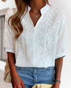 Sophie Women's Blouse – V-Neck Top with Puff Sleeves, Cotton Blend & Patchwork Accents