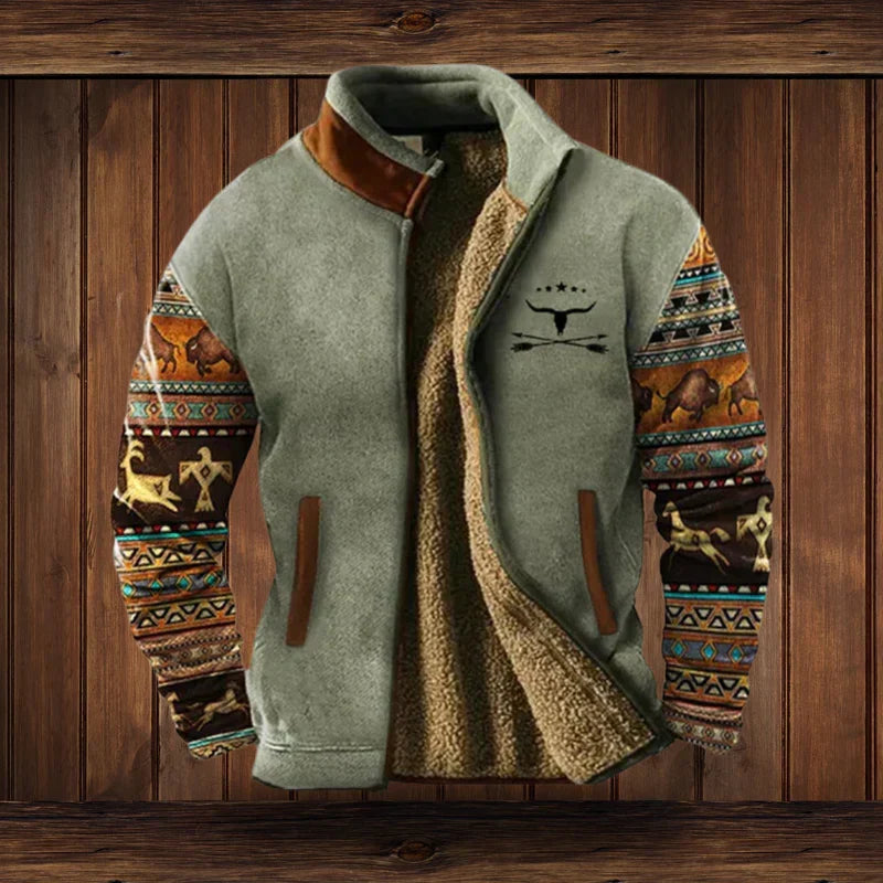 Elliot Warm Western-Style Jacket – Fleece Lining & Tribal-Inspired Patterns for Cozy Winter Warmth