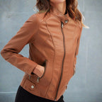Isabelle Women's Leather Jacket – Elegant Regular Fit with Zippered Pockets & Zip Closure