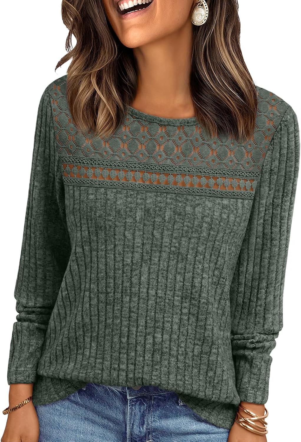 Adeline Women's Lace Ribbed Top – Crew Neck, Long Sleeves & Fitted Silhouette
