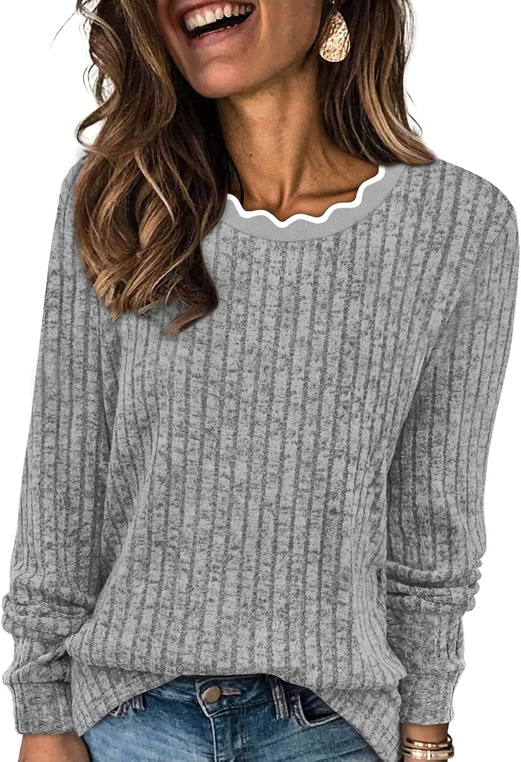 Marissa Women's Scallop Neck Sweater – Long Sleeves, Relaxed Fit & Soft Knit