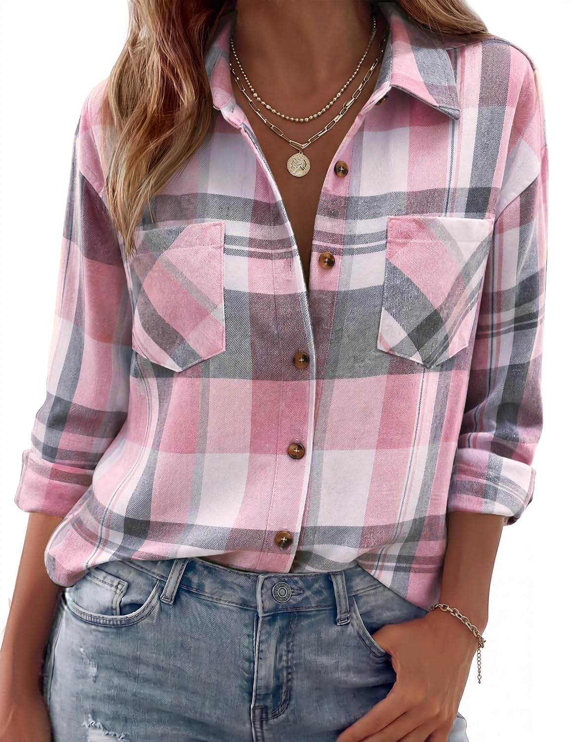 Laurel Women's Plaid Flannel Shirt – Oversized Fit, Chest Pockets & Button Front