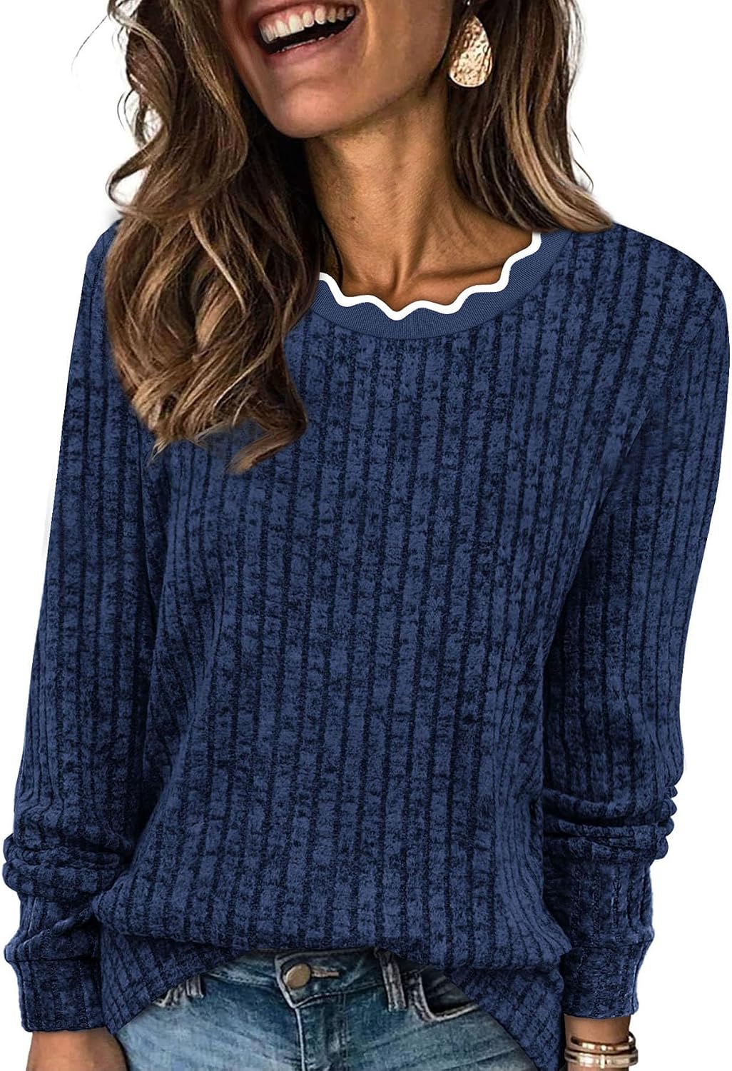 Marissa Women's Scallop Neck Sweater – Long Sleeves, Relaxed Fit & Soft Knit