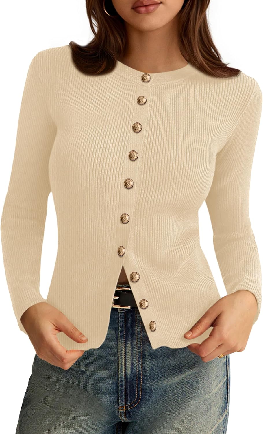 Eleanor Women's Ribbed Cardigan – Crew Neck, Button Front & Slim Fit