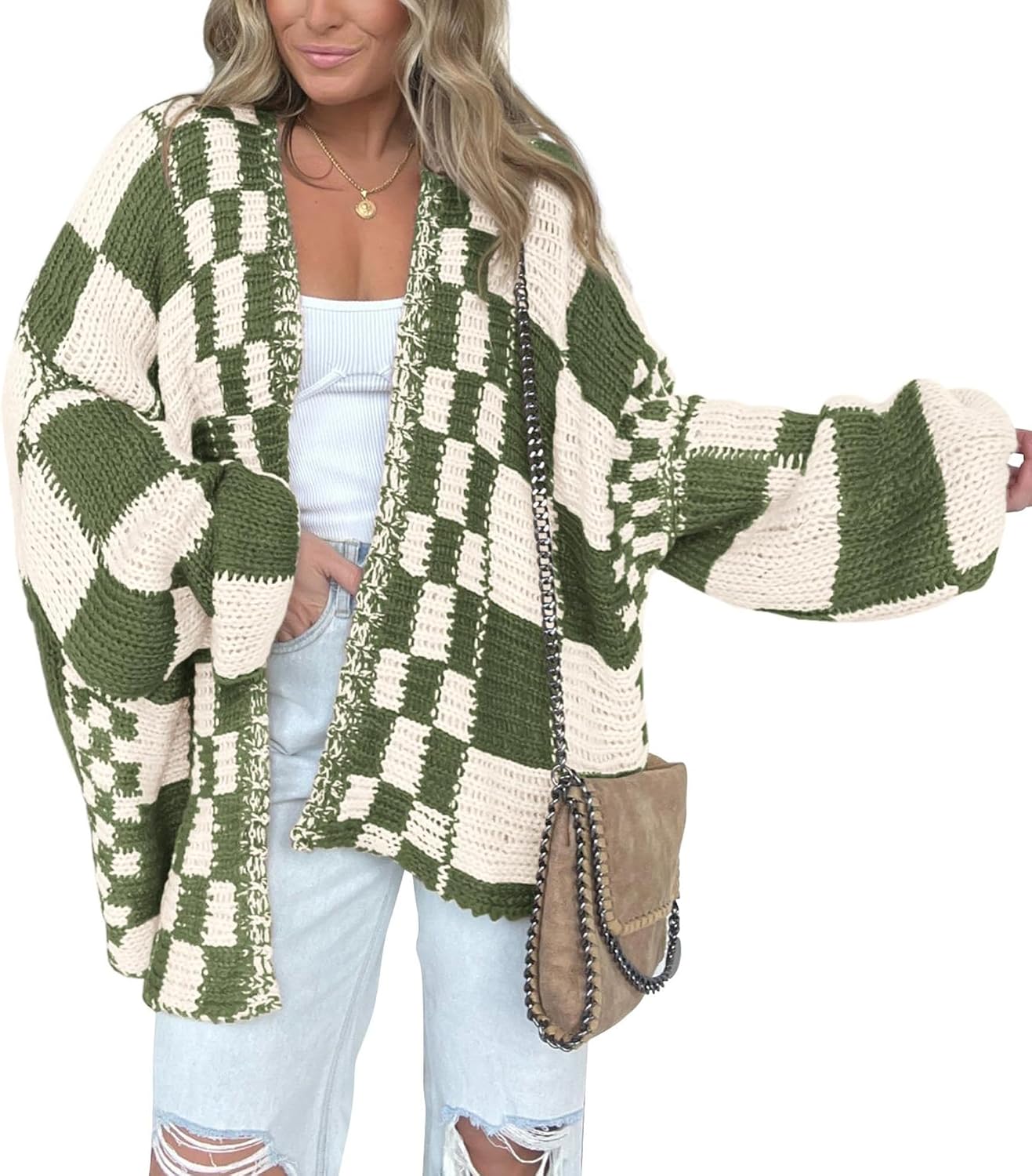 Alina Women's Checkered Knit Cardigan – Open Front, V-Neck & Relaxed Fit