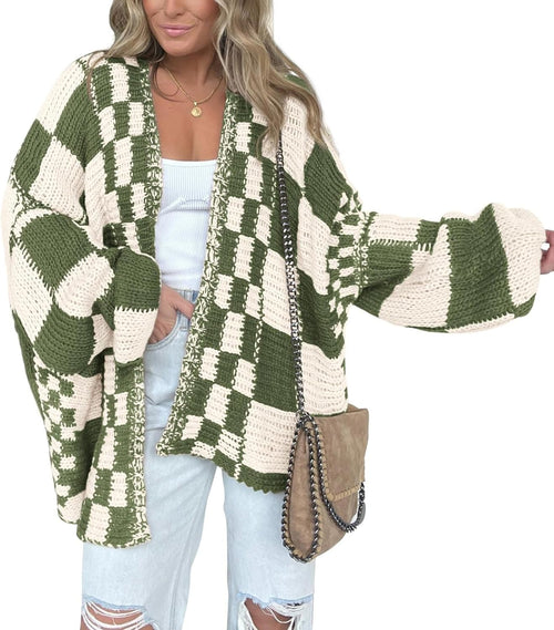 Alina Women's Checkered Knit Cardigan – Open Front, V-Neck & Relaxed Fit