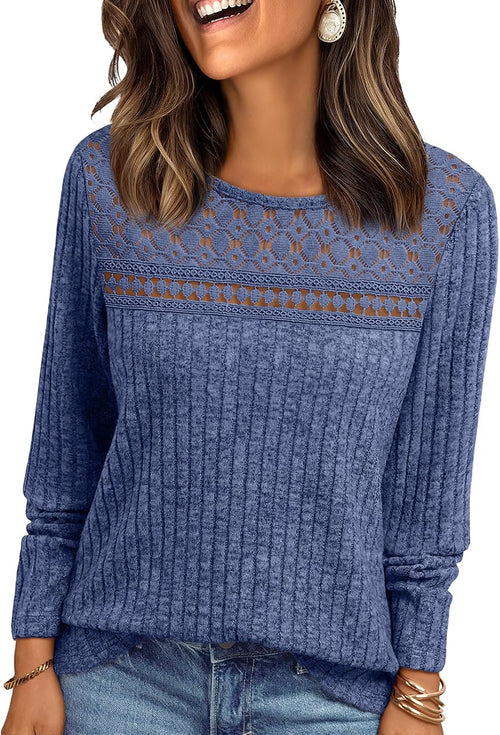 Adeline Women's Lace Ribbed Top – Crew Neck, Long Sleeves & Fitted Silhouette