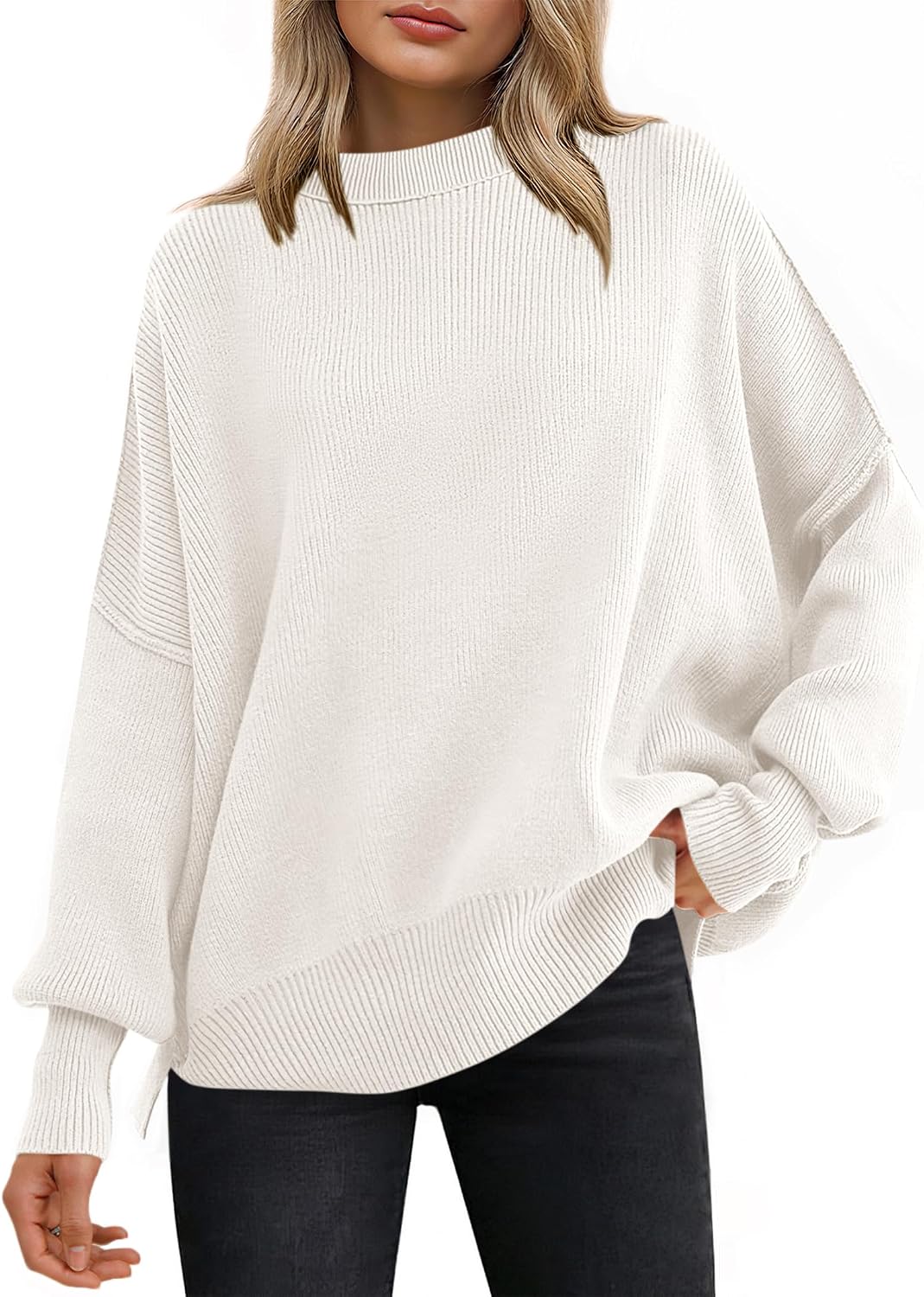 Harper Women's Ribbed Batwing Sweater – Crew Neck, Side Slits & Relaxed Fit