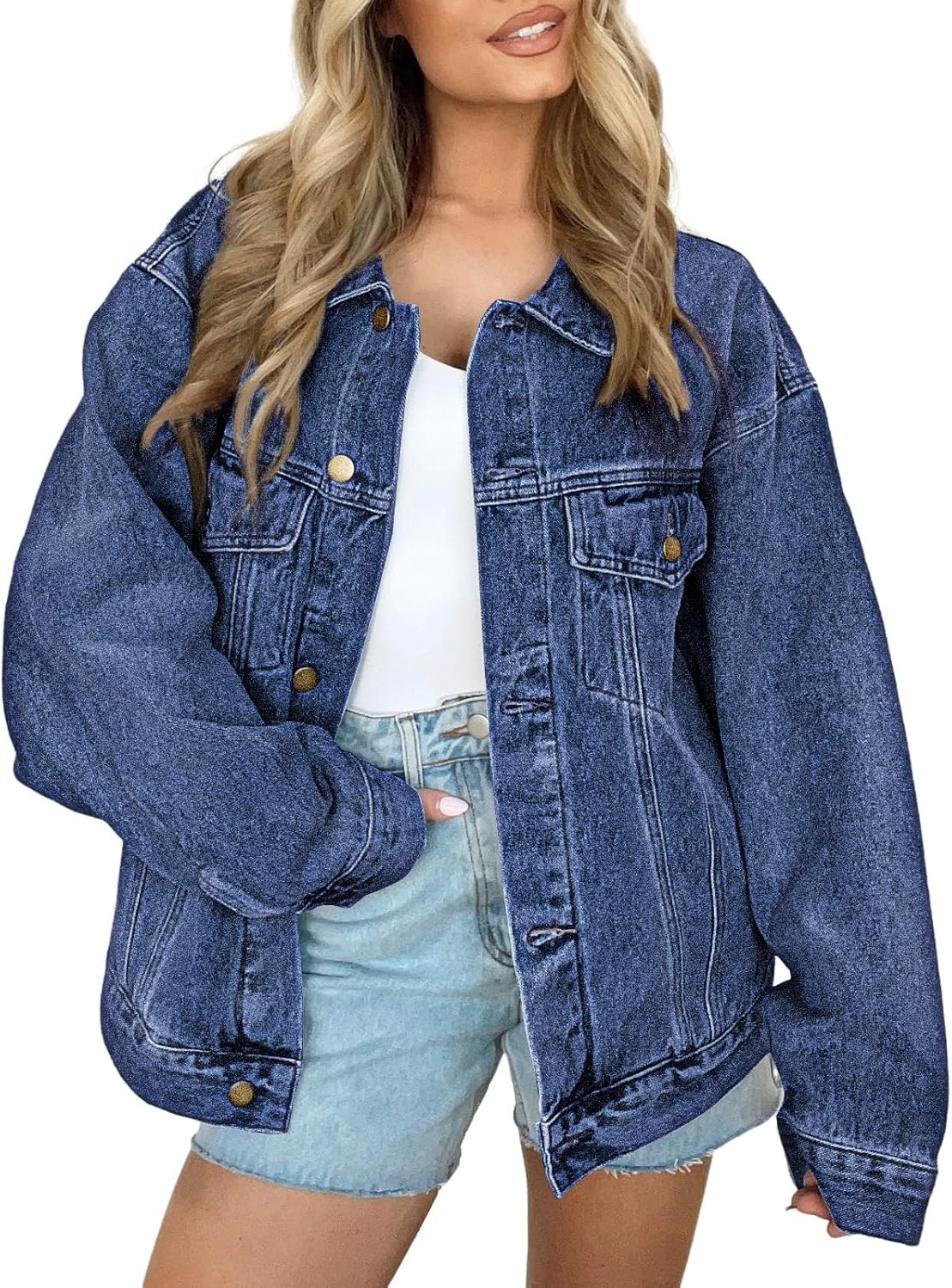 Talia Women's Distressed Denim Jacket – Oversized Fit, Chest Pockets & Drop Shoulders