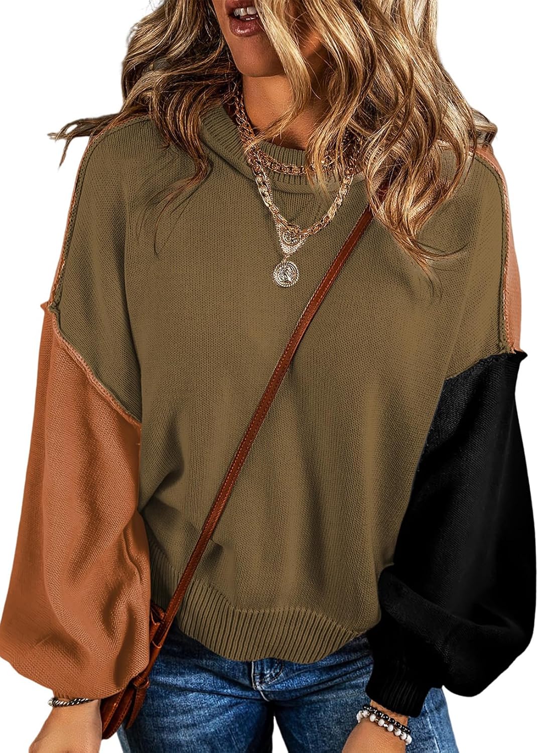 Nina Women's Colourblock Sweater – Bishop Sleeves, Crew Neck & Cotton Knit