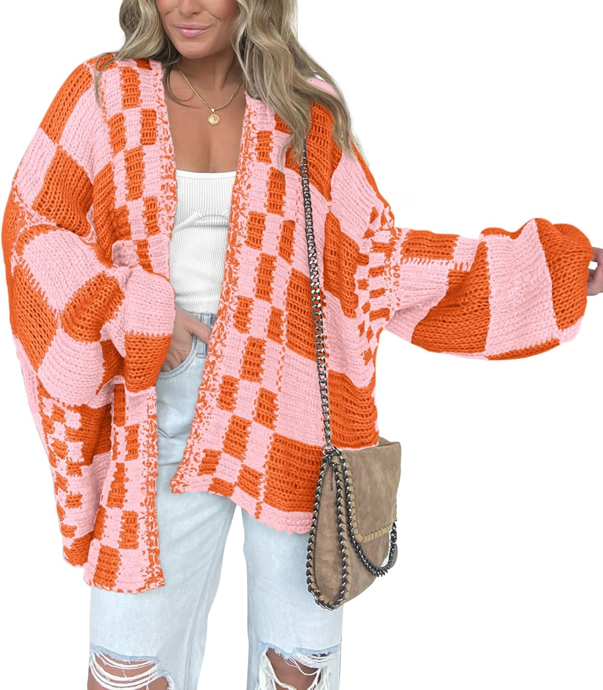 Alina Women's Checkered Knit Cardigan – Open Front, V-Neck & Relaxed Fit