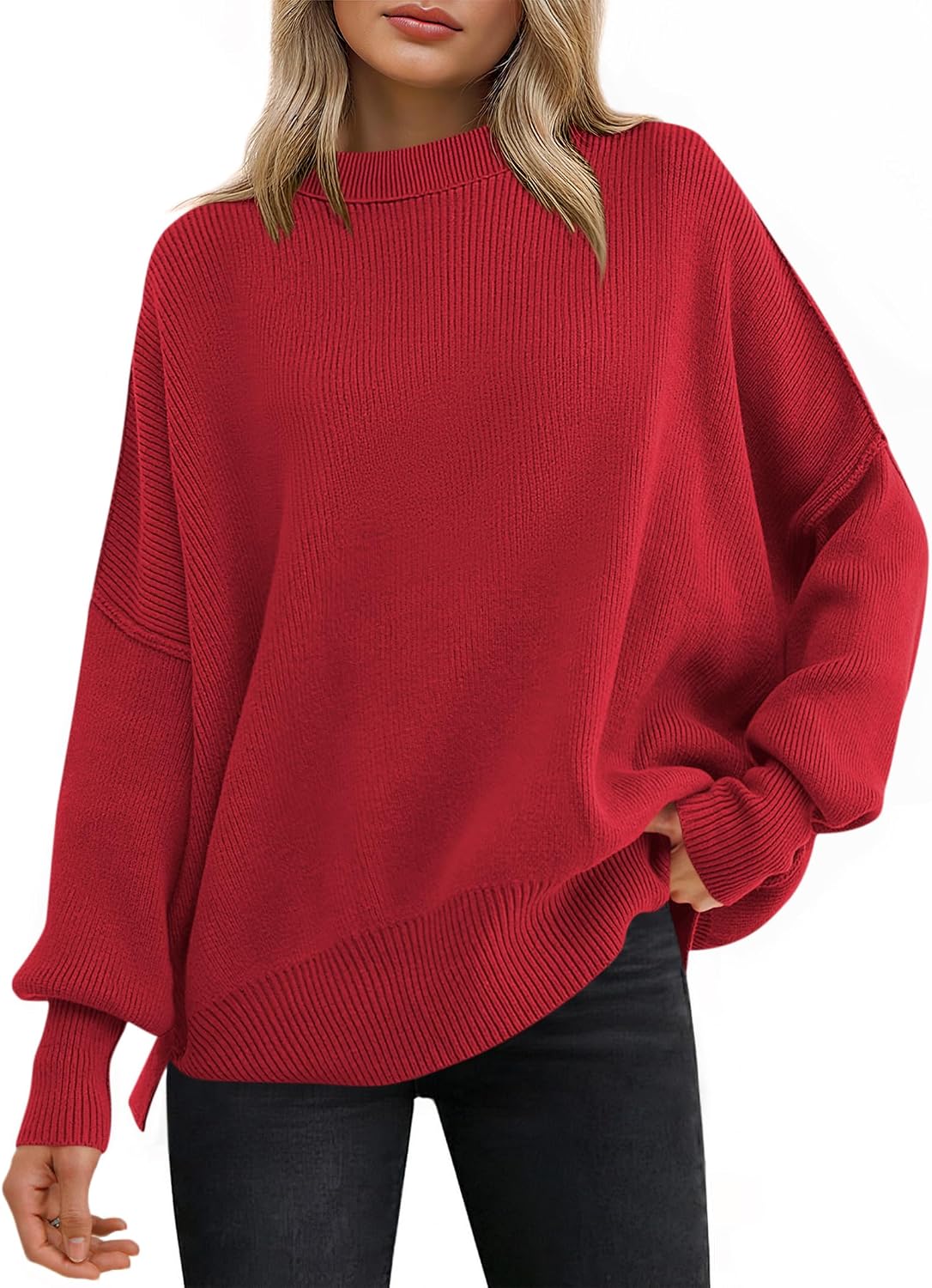 Harper Women's Ribbed Batwing Sweater – Crew Neck, Side Slits & Relaxed Fit