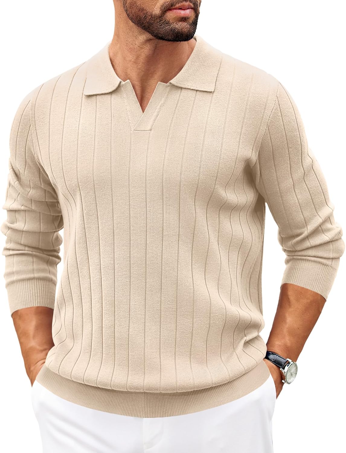 Benjamin Men's Knit Polo Sweater – V-Neck Collar, Wide Stripe Texture & Ribbed Trims