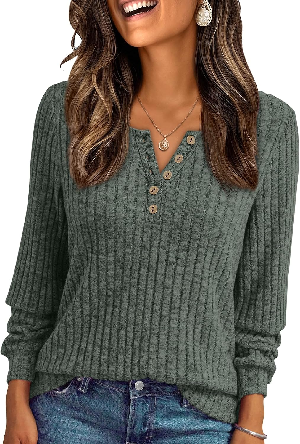 Katherine Women's Henley Sweater – Long Sleeves, Textured Fabric & Relaxed Fit