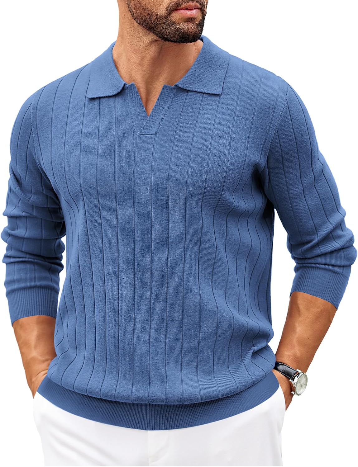 Benjamin Men's Knit Polo Sweater – V-Neck Collar, Wide Stripe Texture & Ribbed Trims