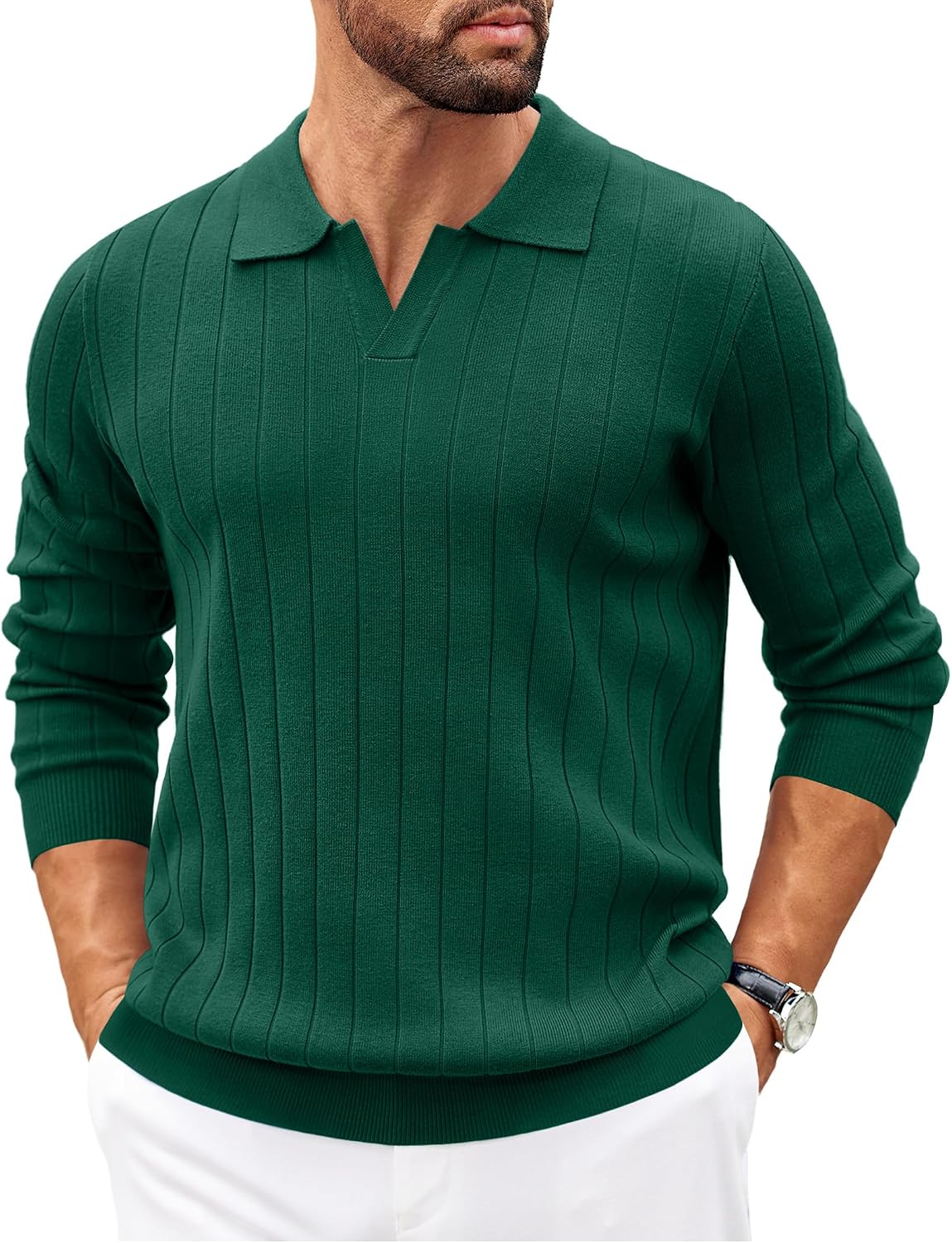 Benjamin Men's Knit Polo Sweater – V-Neck Collar, Wide Stripe Texture & Ribbed Trims