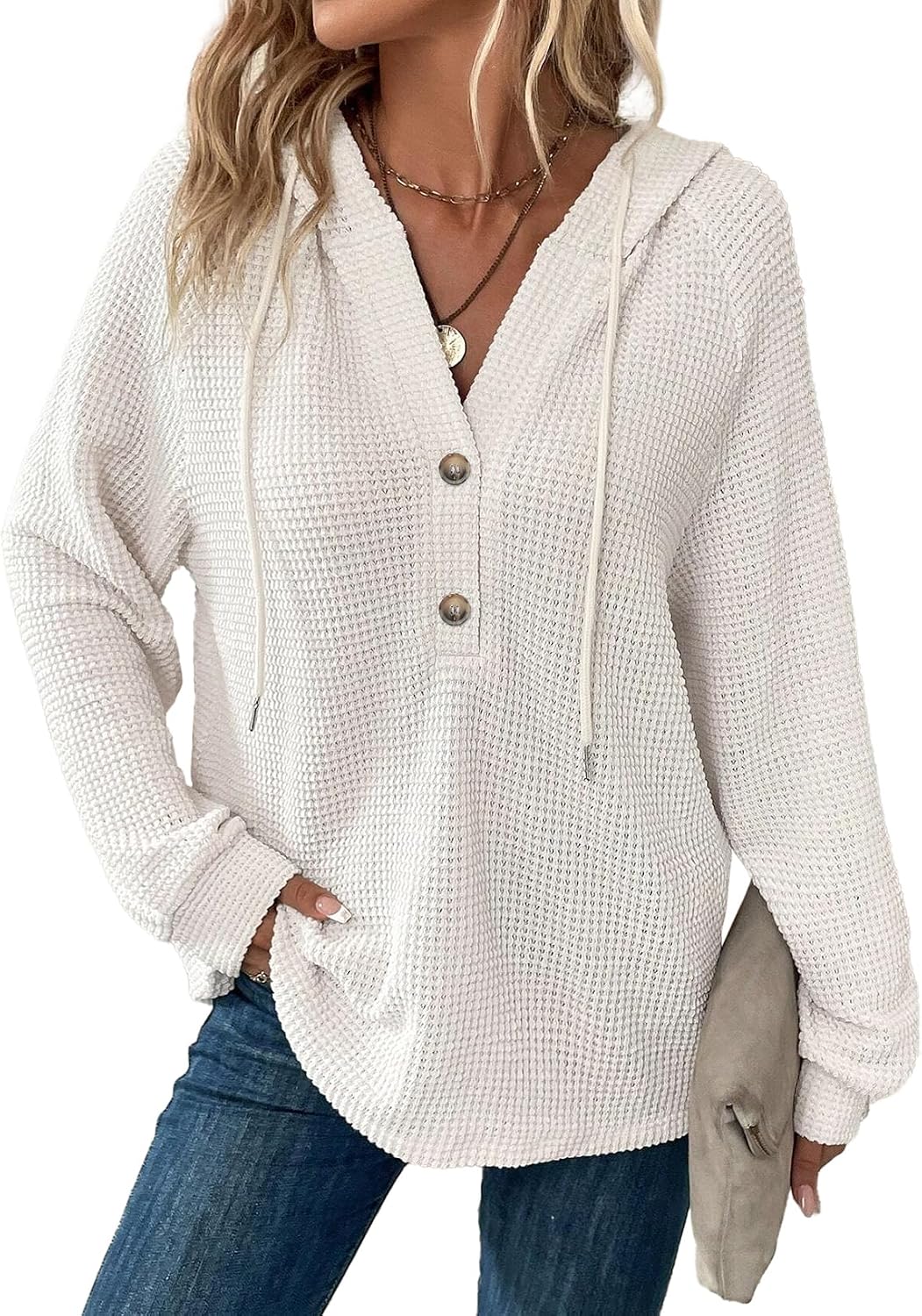 Hannah Women's Waffle Knit Hoodie – V-Neck, Button Front & Oversized Fit