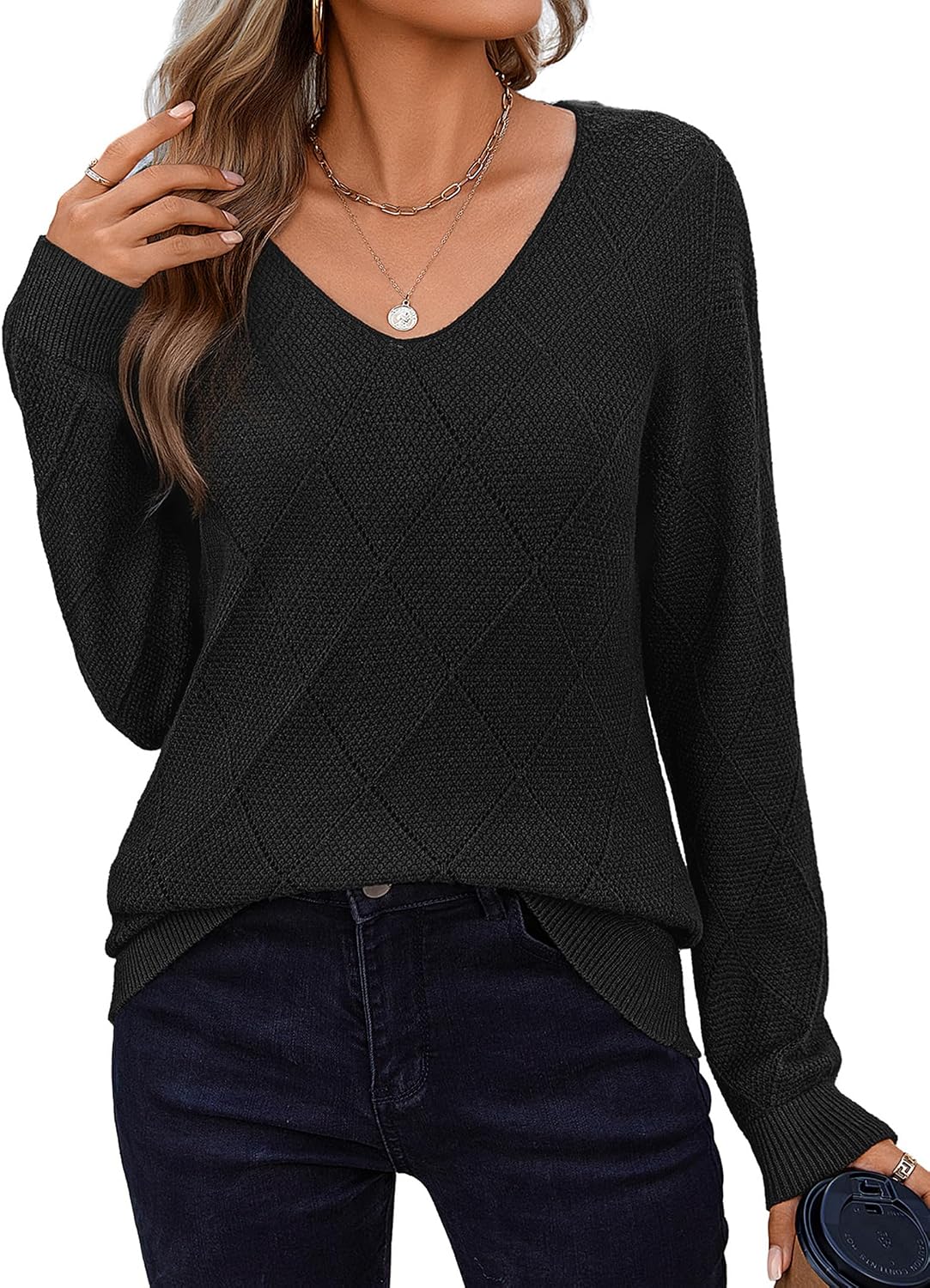 Tabitha Women's Crochet Knit Sweater – V-Neck, Long Sleeves & Relaxed Loose Fit