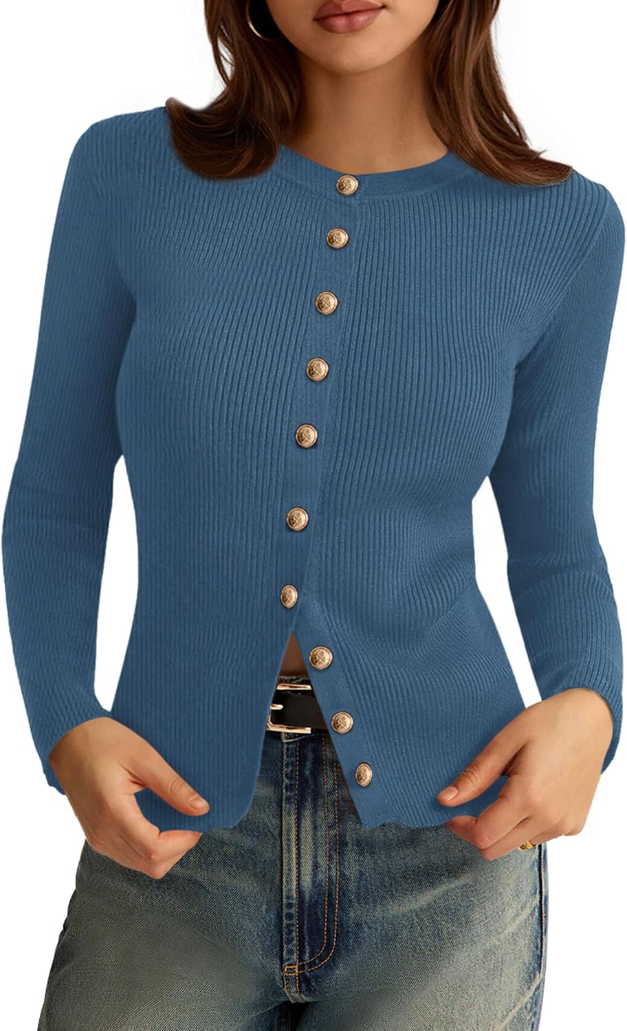Eleanor Women's Ribbed Cardigan – Crew Neck, Button Front & Slim Fit