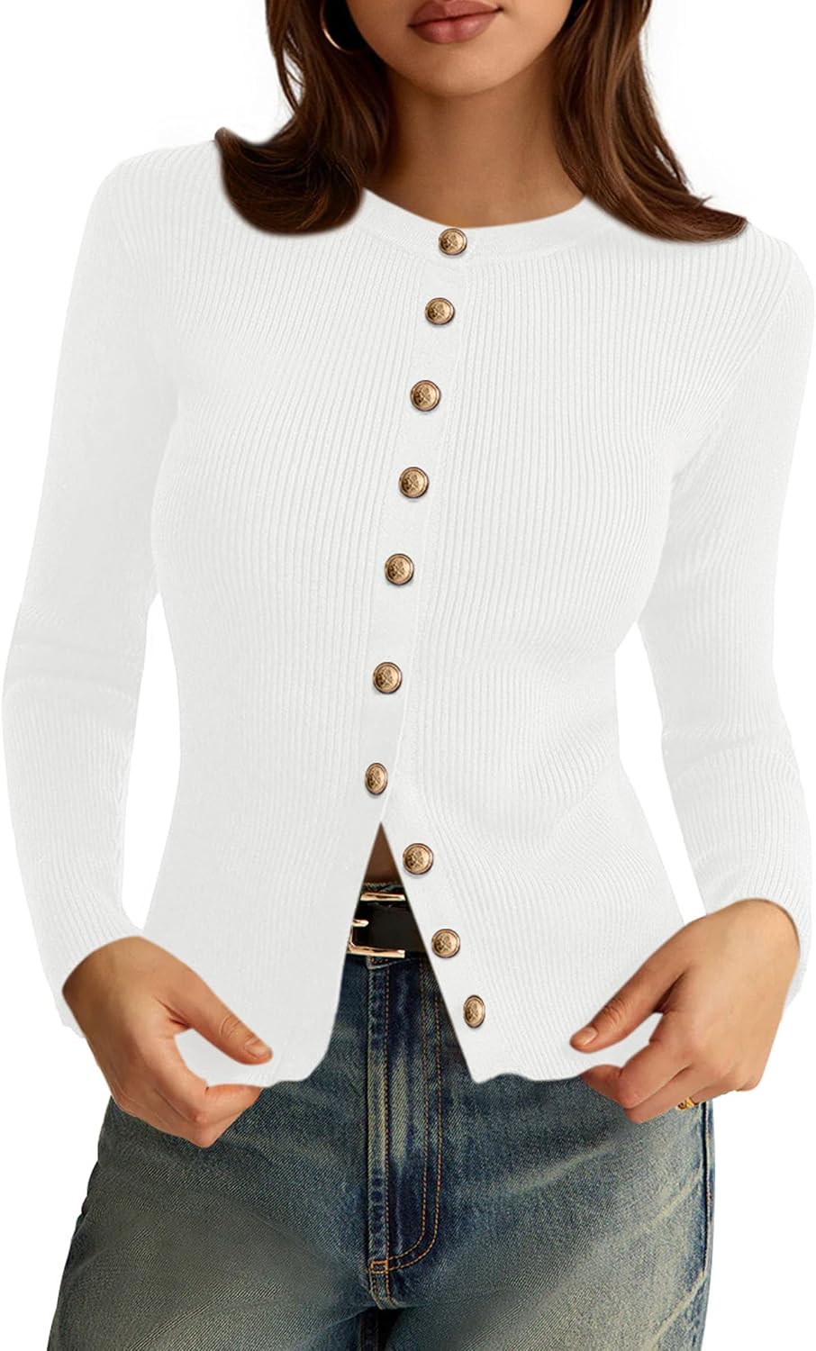 Eleanor Women's Ribbed Cardigan – Crew Neck, Button Front & Slim Fit