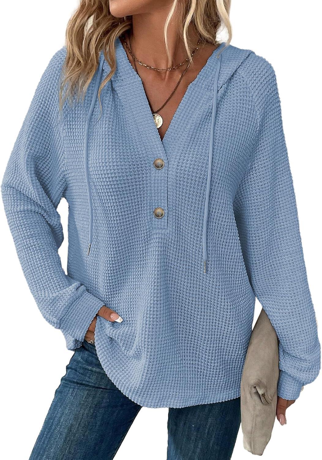 Hannah Women's Waffle Knit Hoodie – V-Neck, Button Front & Oversized Fit