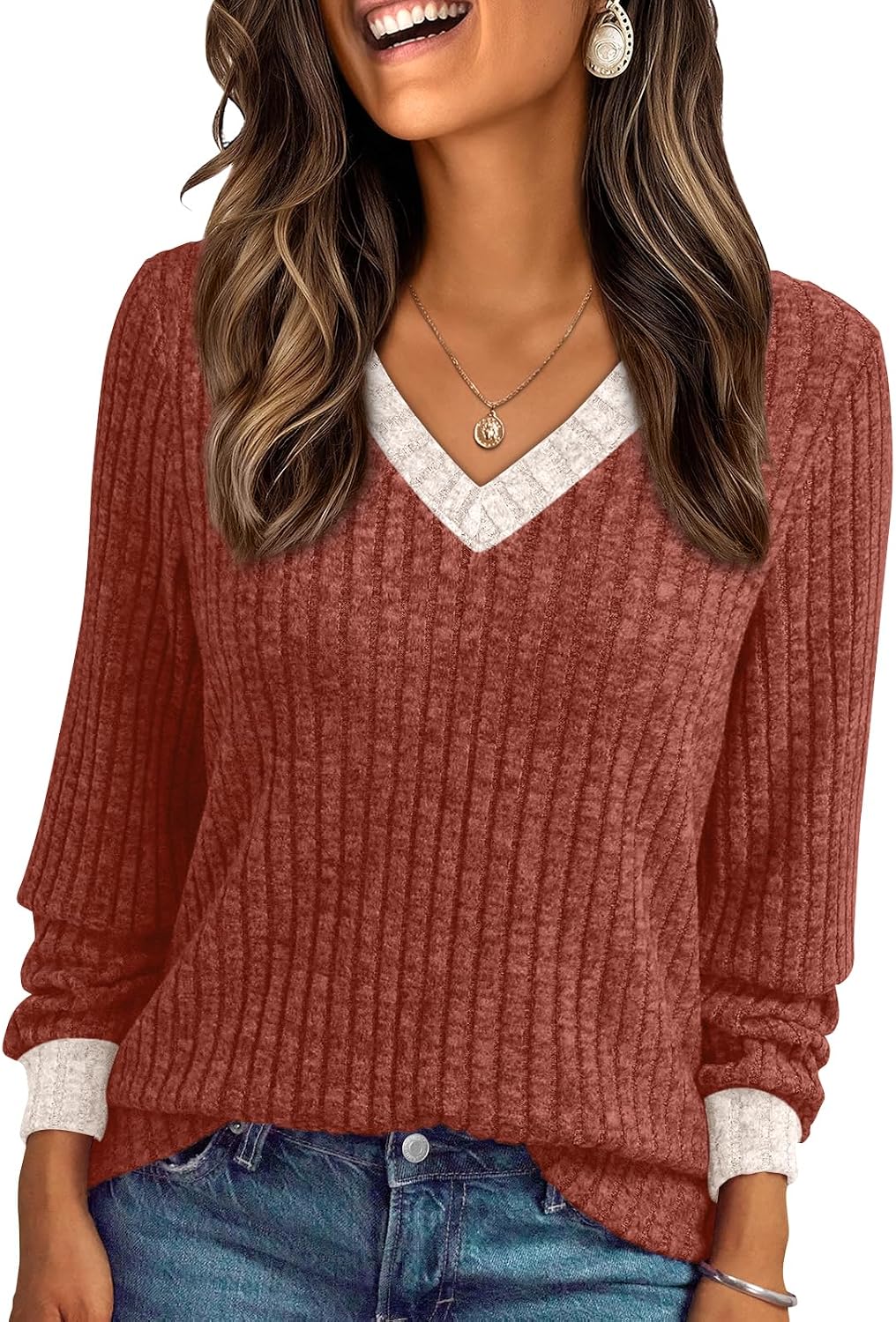 Nicole Women's V-Neck Sweater – Long Sleeves, Lightweight Knit & Relaxed Loose Fit