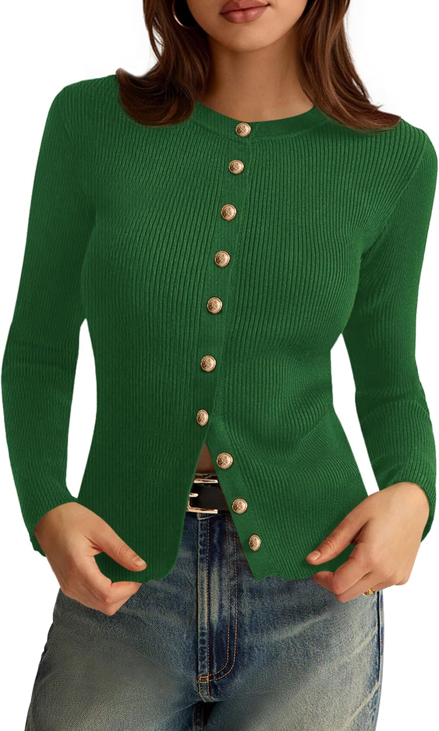 Eleanor Women's Ribbed Cardigan – Crew Neck, Button Front & Slim Fit