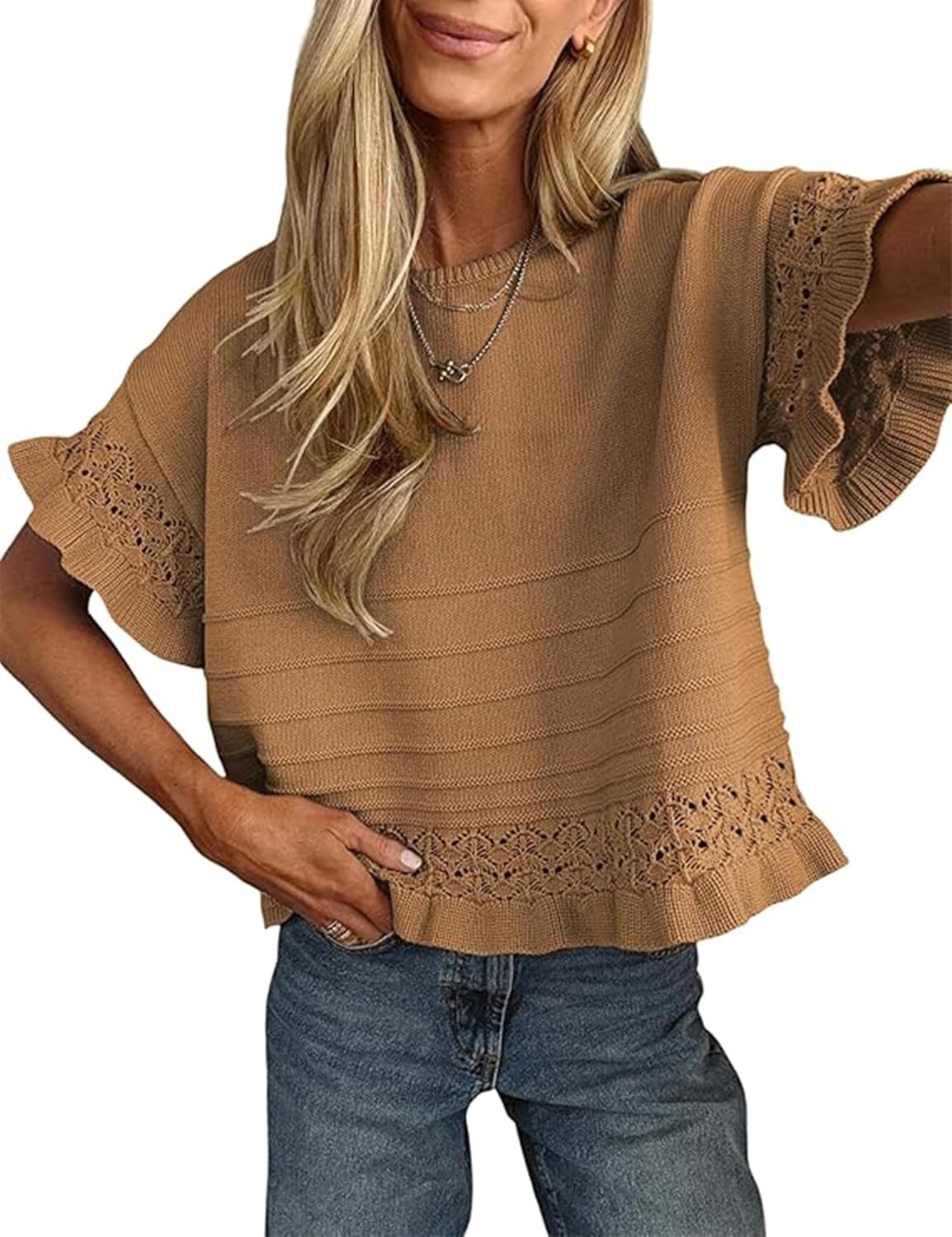 Olivia Women's Ruffle Knit Top – Round Neck, Short Sleeves & Cotton Blend