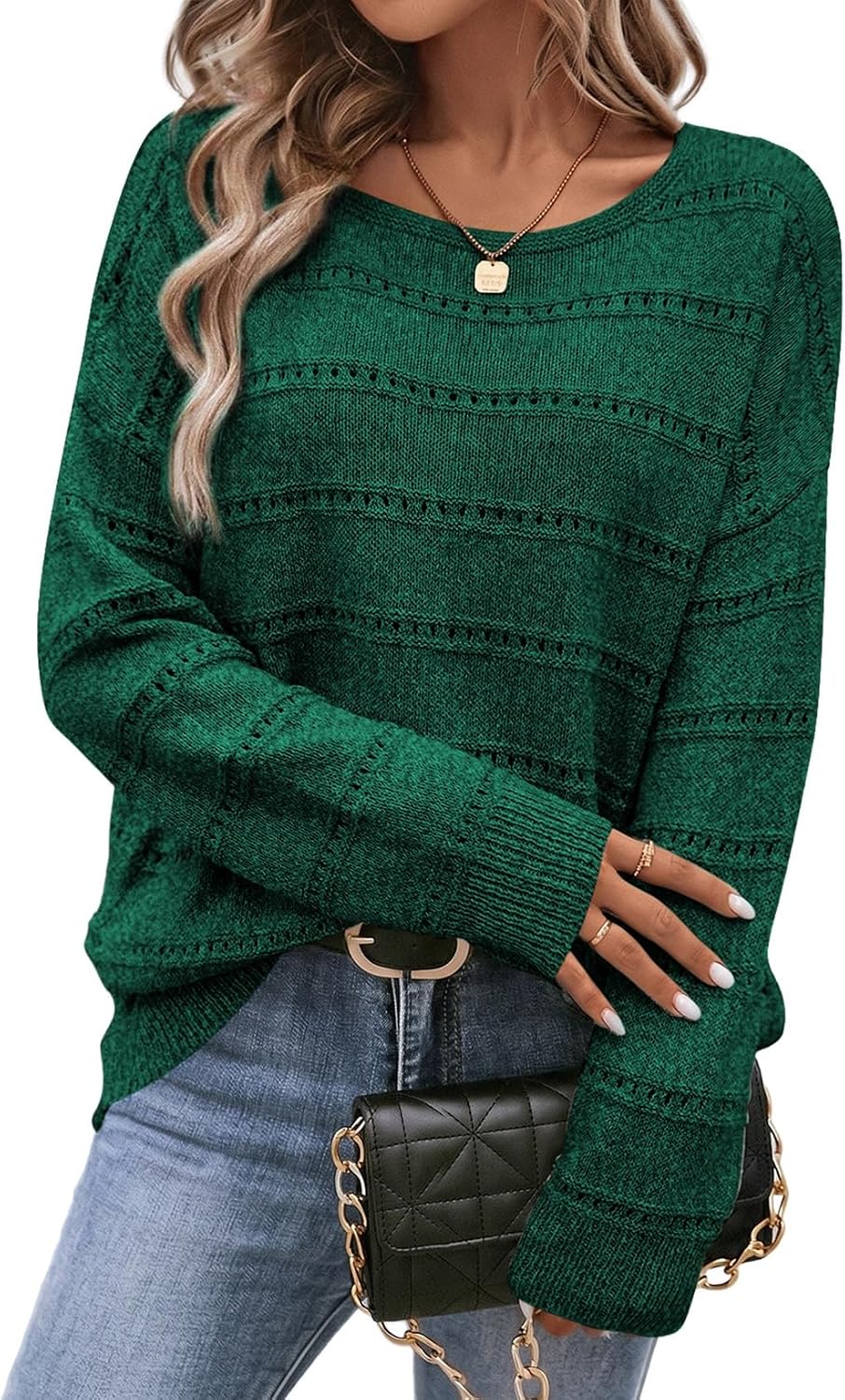 Mila Women's Hollow-Knit Sweater – Crew Neck, Drop Shoulders & Striped Texture